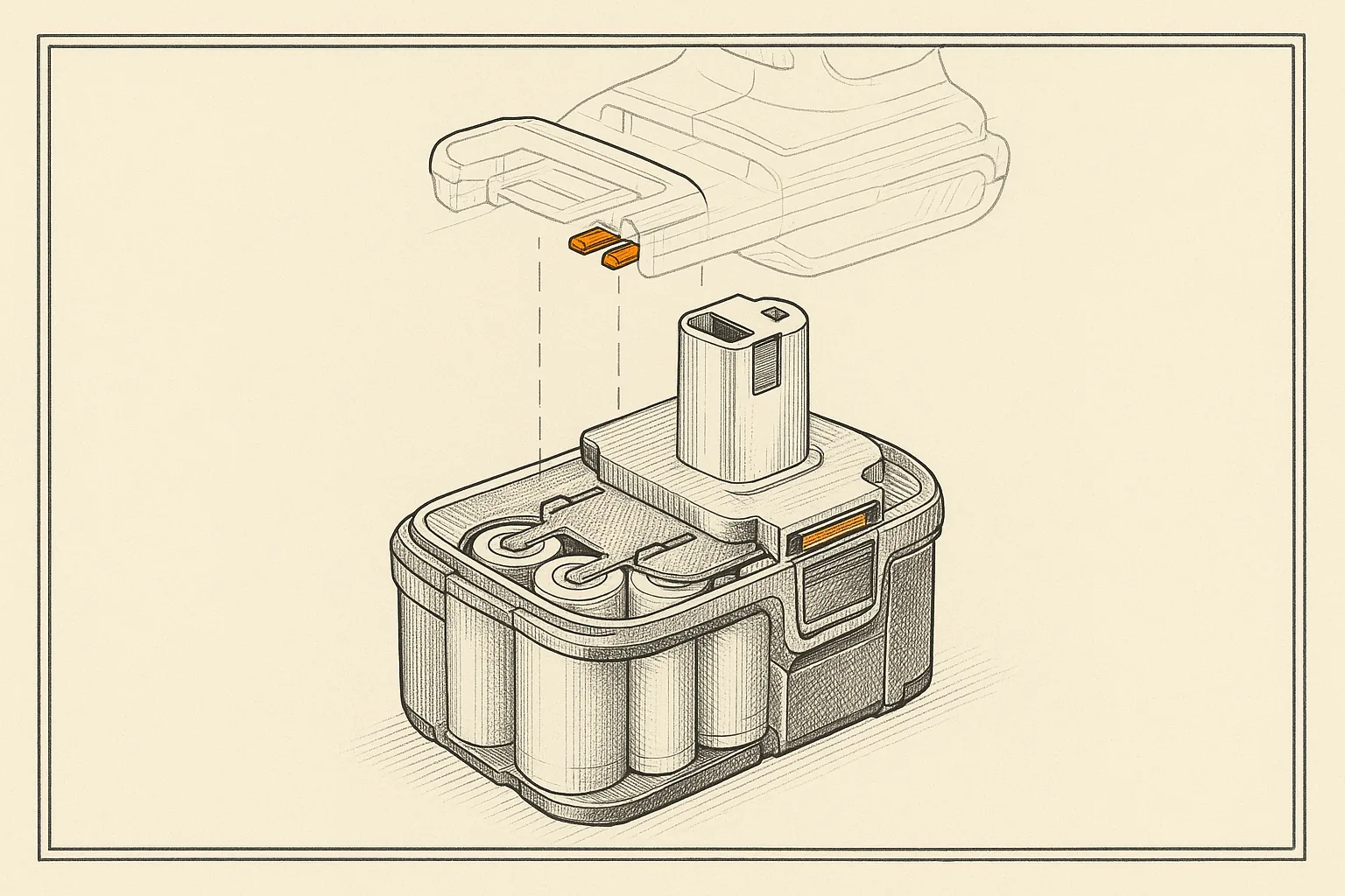 Technical-plate cutaway line illustration of an 18-volt cordless tool battery pack, its cylindrical cells exposed, exploded-view lines rising to a drill's slide-rail mount with the terminal contacts picked out in a single orange spot color on ledger paper