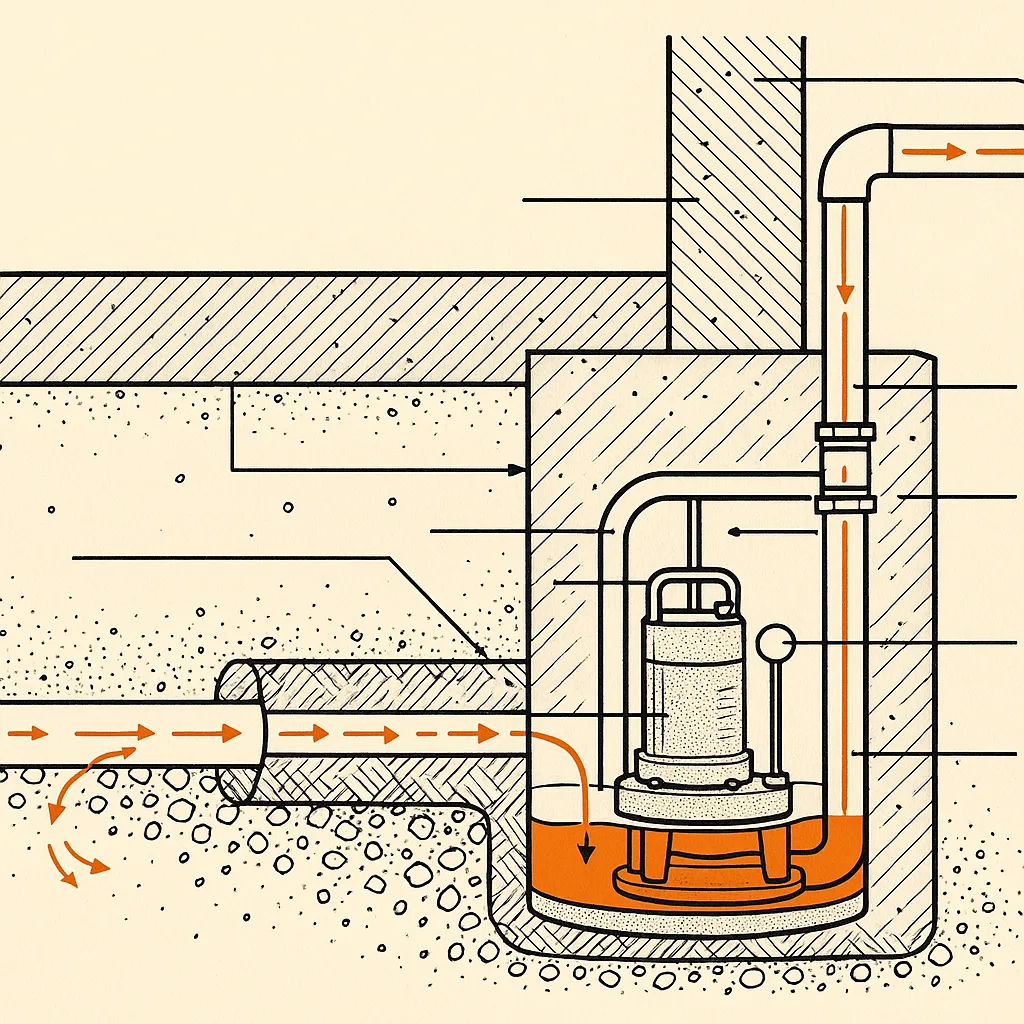 Technical-plate cutaway line illustration of a basement sump pit in cross-section: perforated drain tile in gravel feeding the basin, a submersible pump on the solid pit floor with a vertical float beside it, and the discharge pipe rising through an in-line check valve and out through the foundation wall, with the water path picked out in a single orange spot color on ledger paper