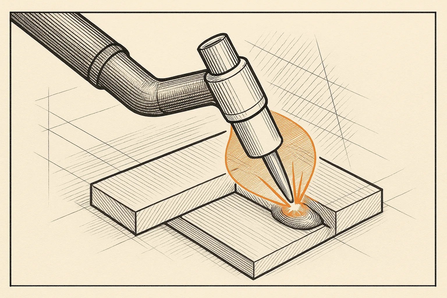 Technical-plate line illustration of a TIG torch over an aluminum lap joint, the arc and shielding-gas envelope picked out in a single orange spot color on ledger paper
