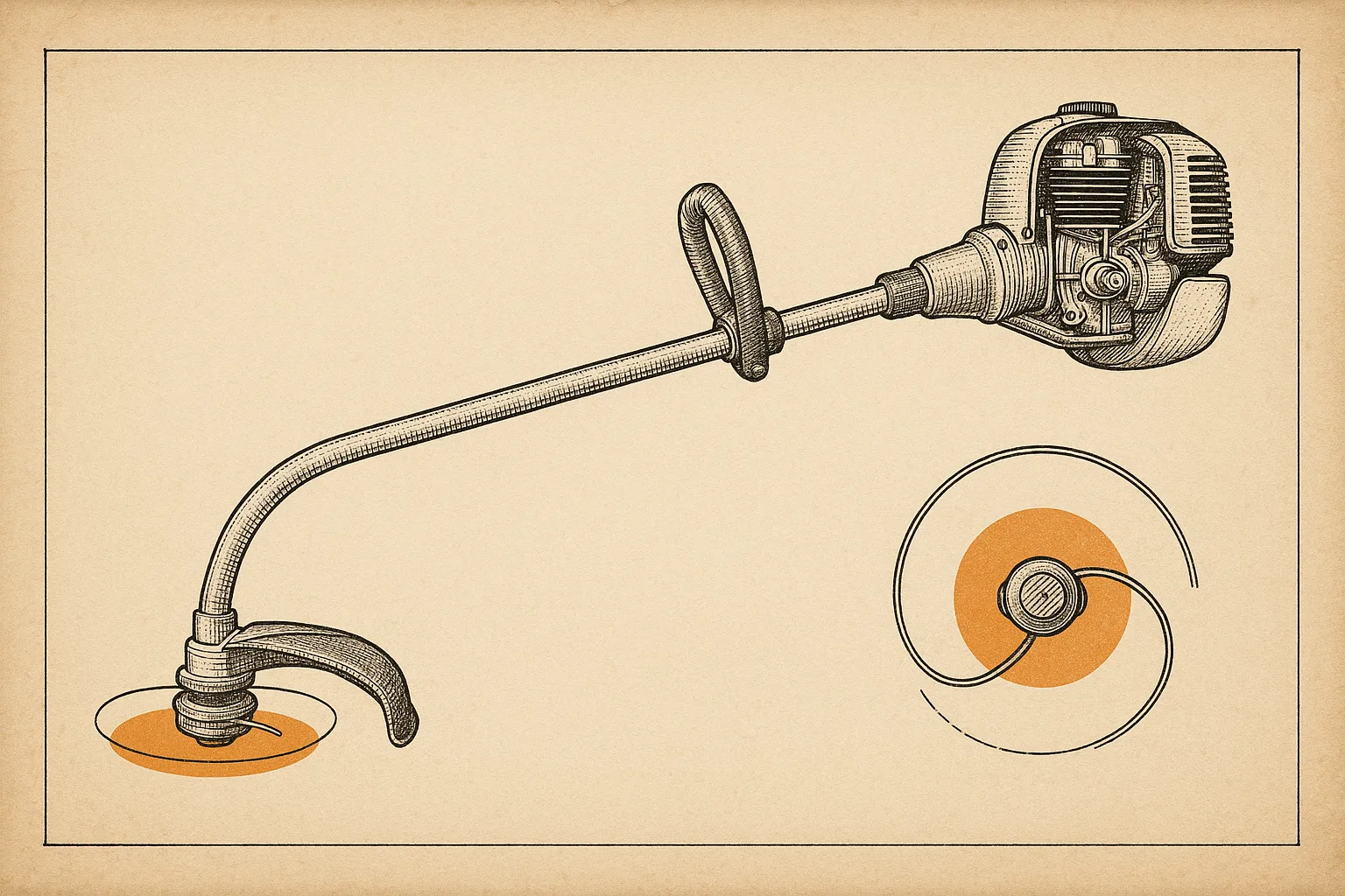 Technical-plate line illustration of a curved-shaft string trimmer with a partial cutaway of its engine, the cutting swath at the head and an inset detail of the spinning line picked out in a single orange spot color on ledger paper