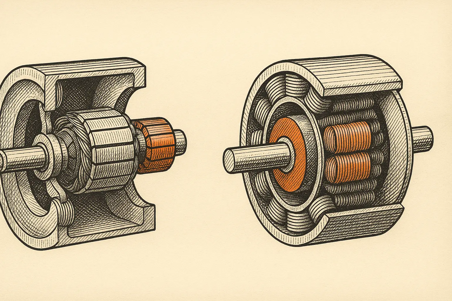 Technical-plate line illustration of two motor cutaways side by side on ledger paper: a brushed motor with its commutator picked out in orange, and a brushless motor with its permanent-magnet rotor and stator windings in the same single spot color