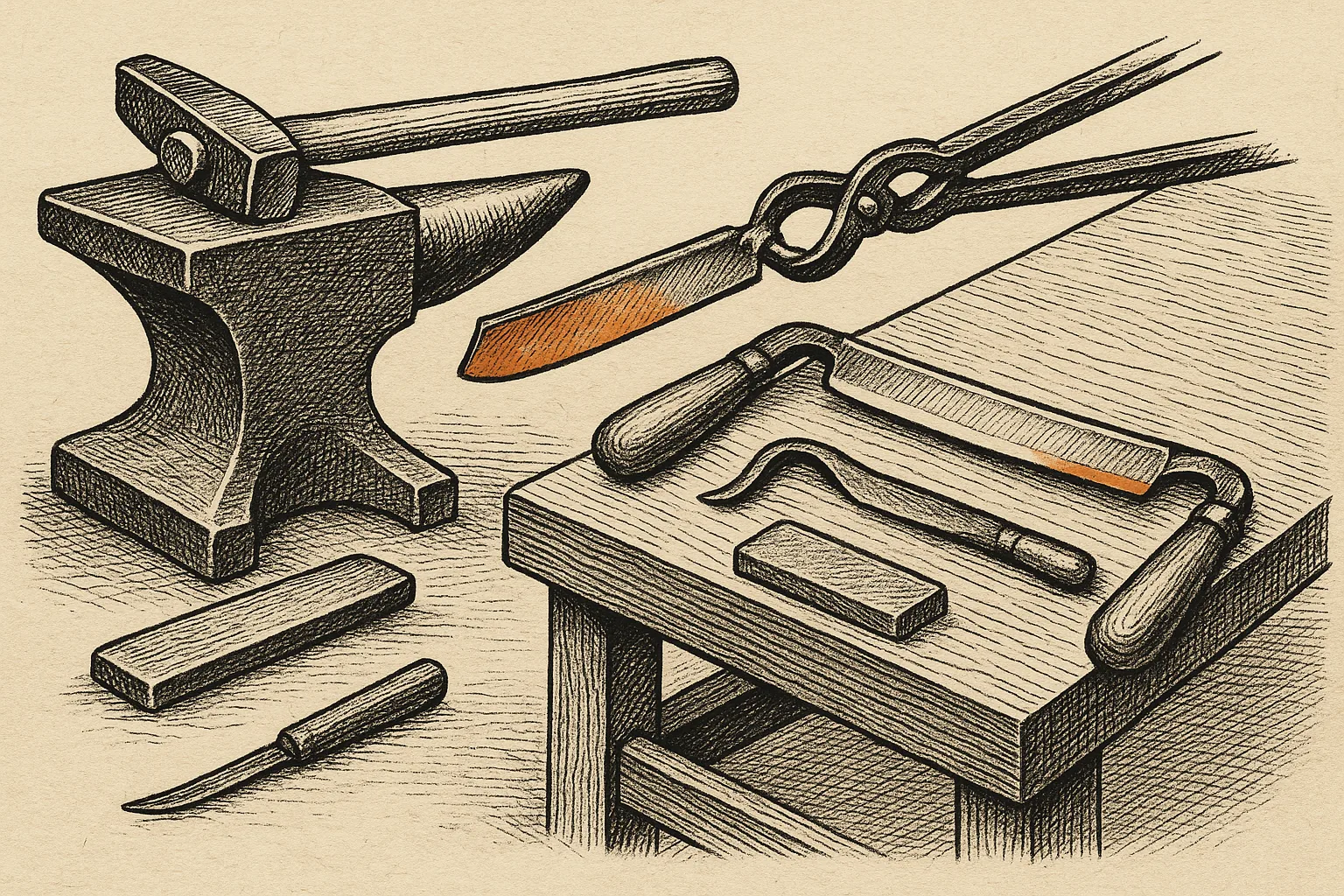 Technical-plate line illustration on ledger paper of a hand-tool teaching bench: a blacksmith's anvil with a cross-peen hammer resting on it, tongs gripping a just-forged blade picked out in a single orange spot color, and a low wooden bench laid out with a drawknife, a crooked carving knife and a flat sharpening stone