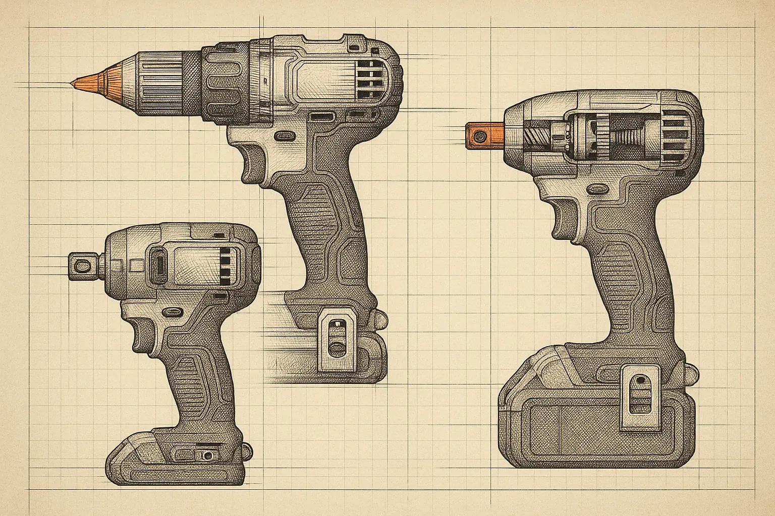 Technical-plate line illustration of three cordless fastening tools in profile on ledger paper — a drill with its chuck and clutch in cutaway, a compact impact driver with its hex collet and hammer mechanism exposed, and a stockier impact wrench with a square-drive anvil — the three output ends picked out in a single orange spot color