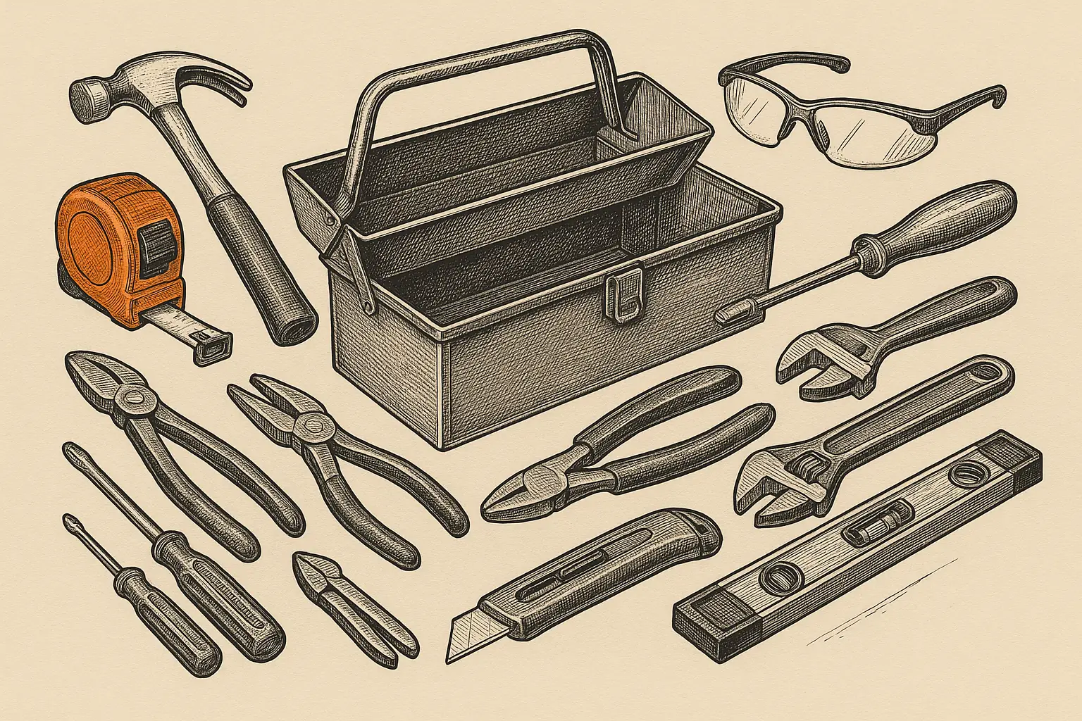 Engraved technical-plate illustration of an open steel toolbox with its tray lifted, surrounded by the stage-one hand tools laid out in order — claw hammer, tape measure, screwdrivers, slip-joint and needle-nose pliers, adjustable wrenches, utility knife, torpedo level and safety glasses — in near-black ink on ledger paper, with the tape measure picked out in a single safety-orange spot color