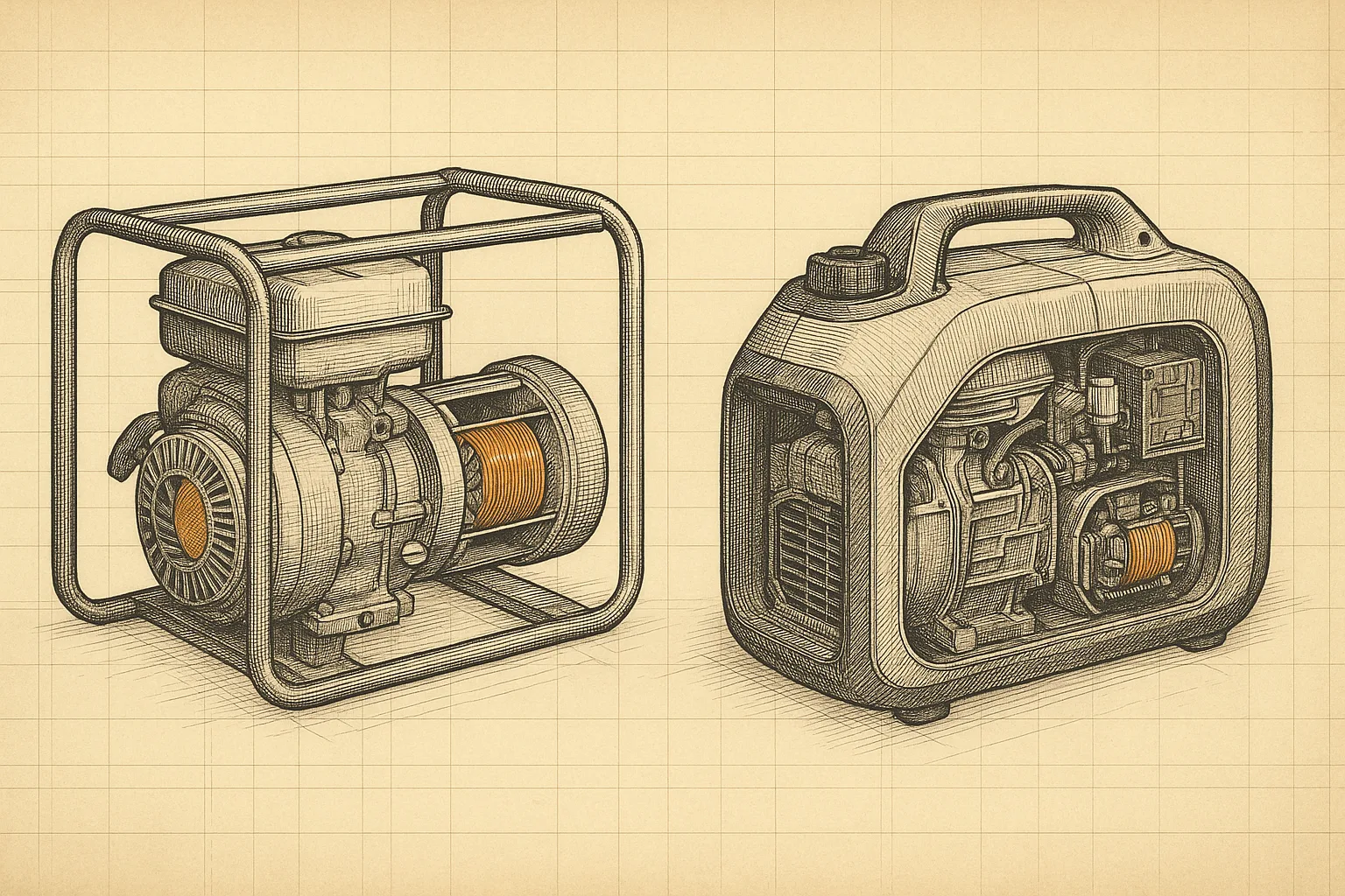 Technical-plate line illustration of two portable generators on ledger paper: a conventional open-frame generator in a tubular steel frame with its engine and alternator drawn in cutaway, beside a smaller enclosed suitcase-style inverter generator with its shell cut away — the alternator windings of both machines picked out in a single orange spot color